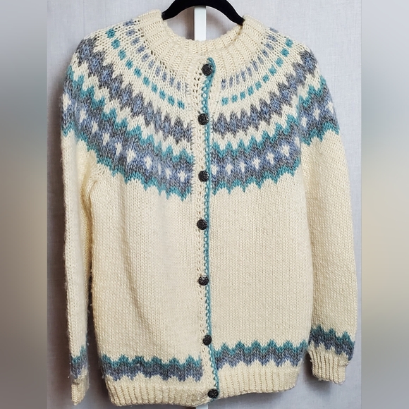 Vintage Wool Made in Canada Women's Button Sweater Cardigan Fair Isle Nordic M/L - Picture 1 of 10
